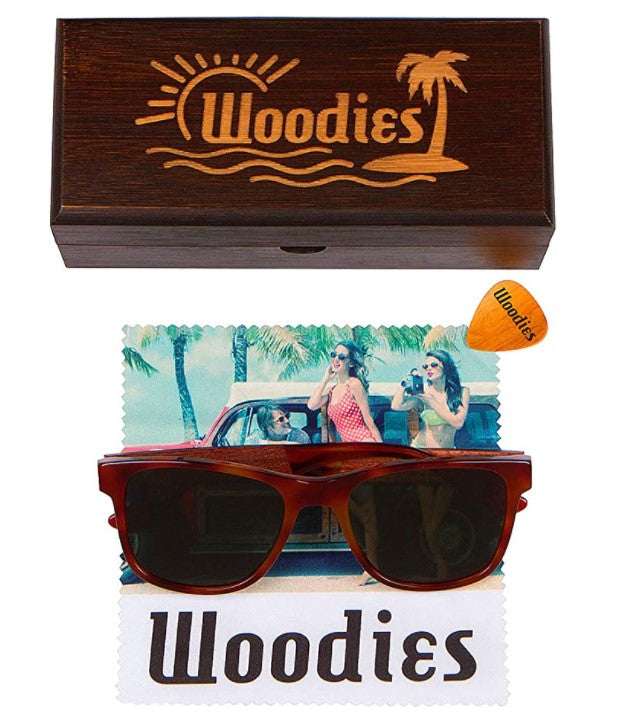 Woodies Red Smog Acetate Walnut Wood Sunglasses with Green Lens