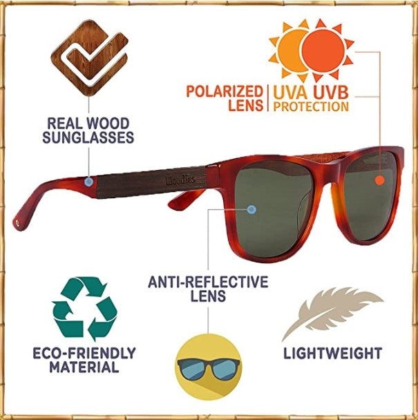 Woodies Red Smog Acetate Walnut Wood Sunglasses with Green Lens