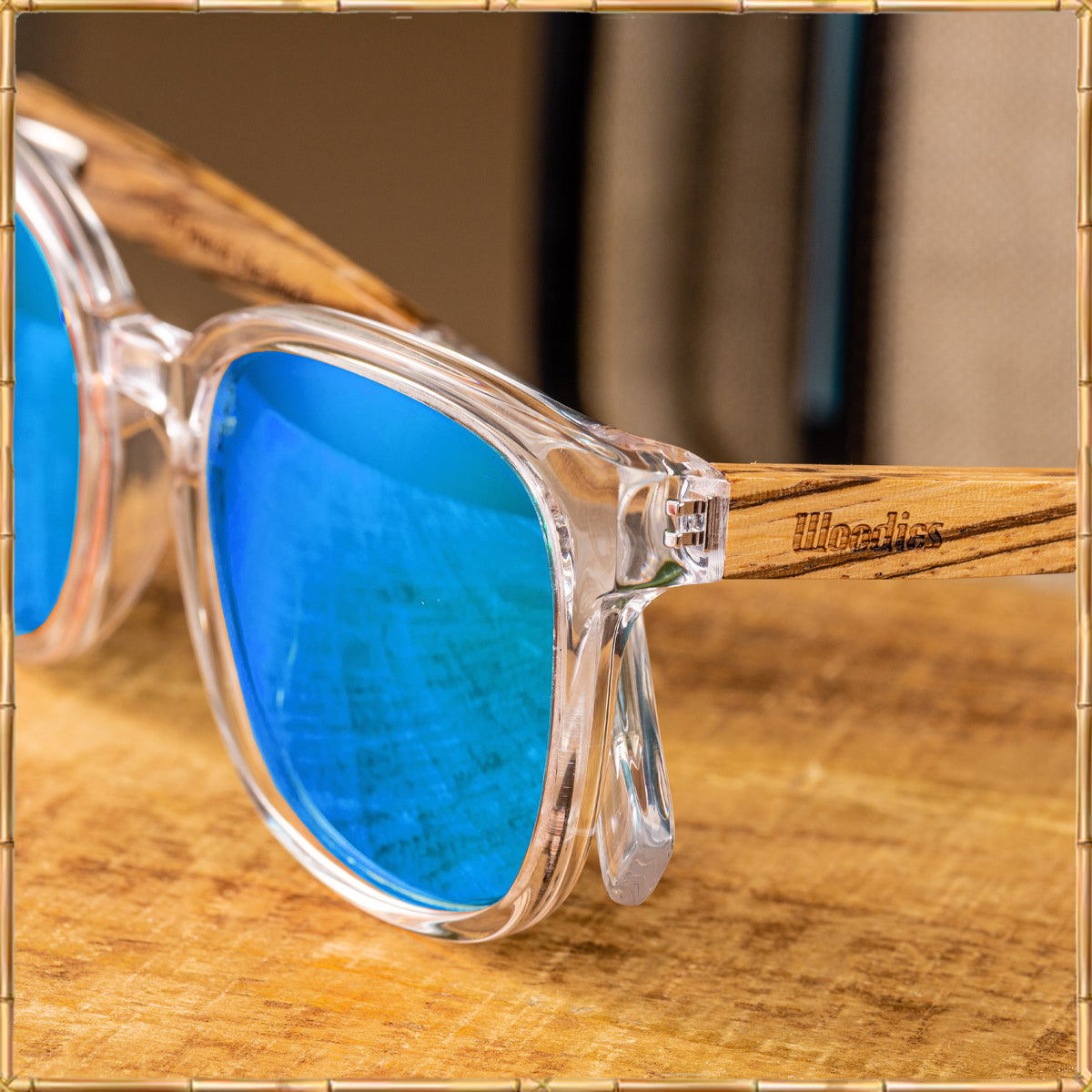 Clear Acetate Sunglasses with Polarized Royal Blue Lens in Wood Display Box