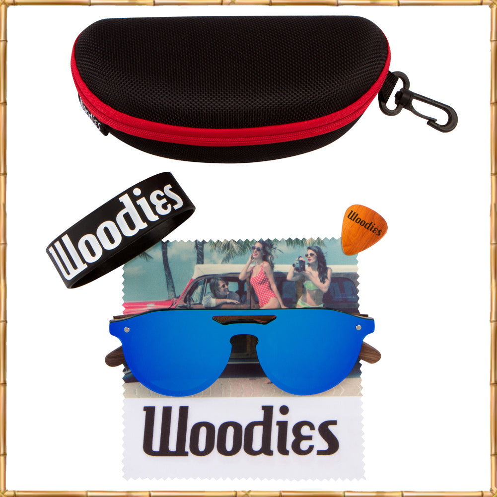 Walnut Wood Sunglasses with Flat Blue Mirror Polarized Lens