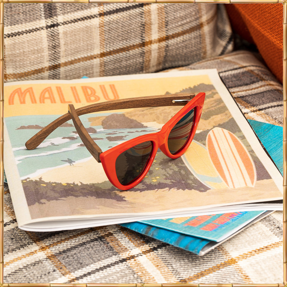 Cat Eye Sunglasses Polarized Lenses Made from Real Walnut Wood (Red)