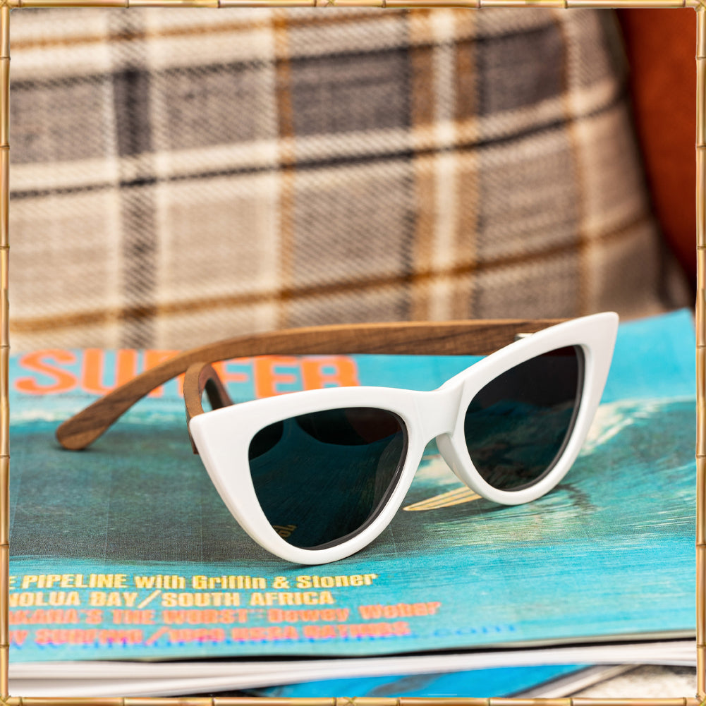 Cat Eye Sunglasses Polarized Lenses Made from Real Walnut Wood (White)