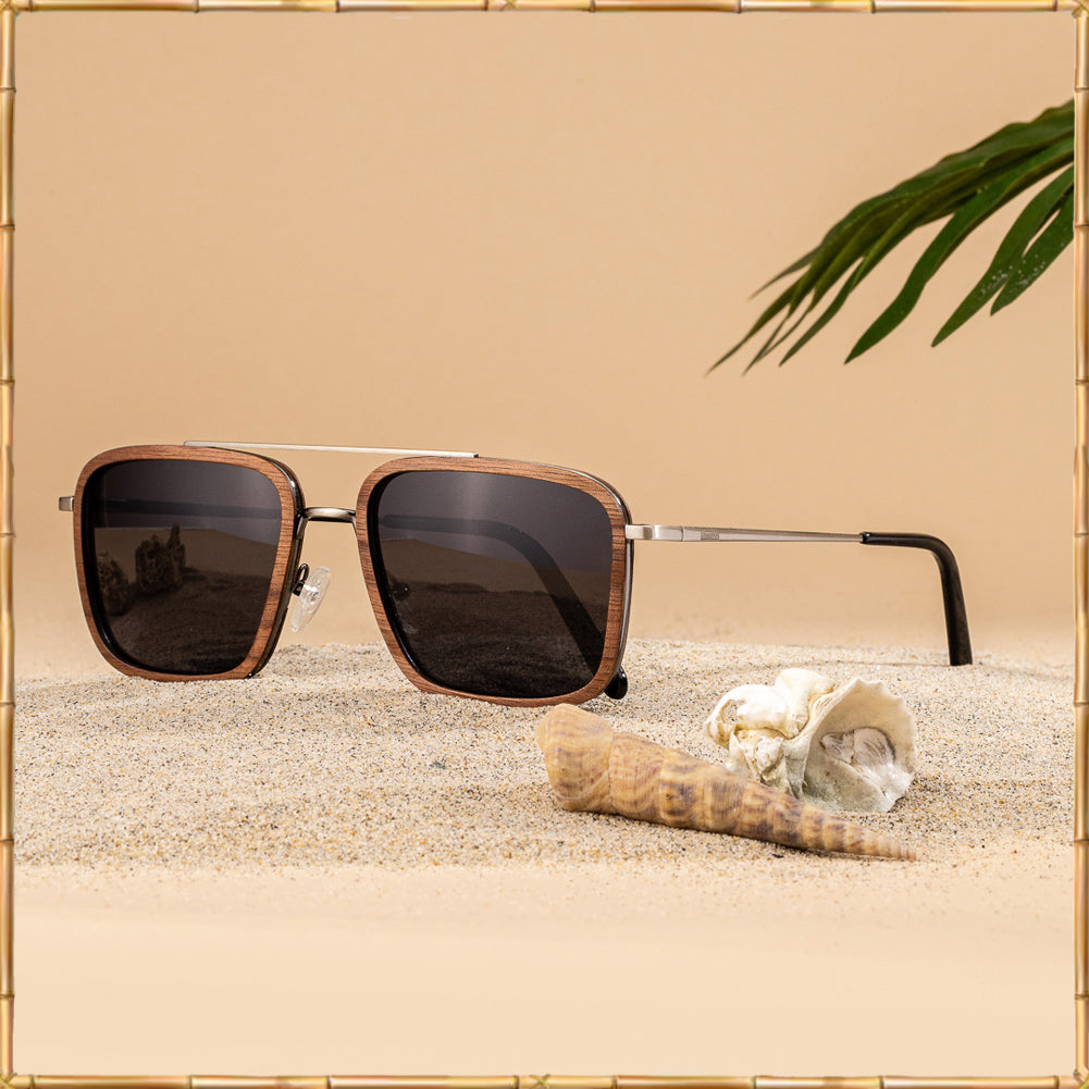 Brushed Gun Metal Wood Sunglasses with Wood Rings (Walnut)