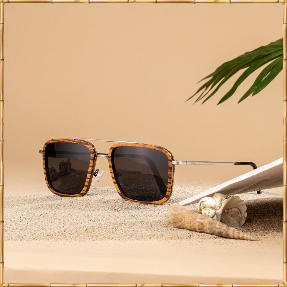 Brushed Gun Metal Wood Sunglasses with Wood Rings (Zebra Wood)