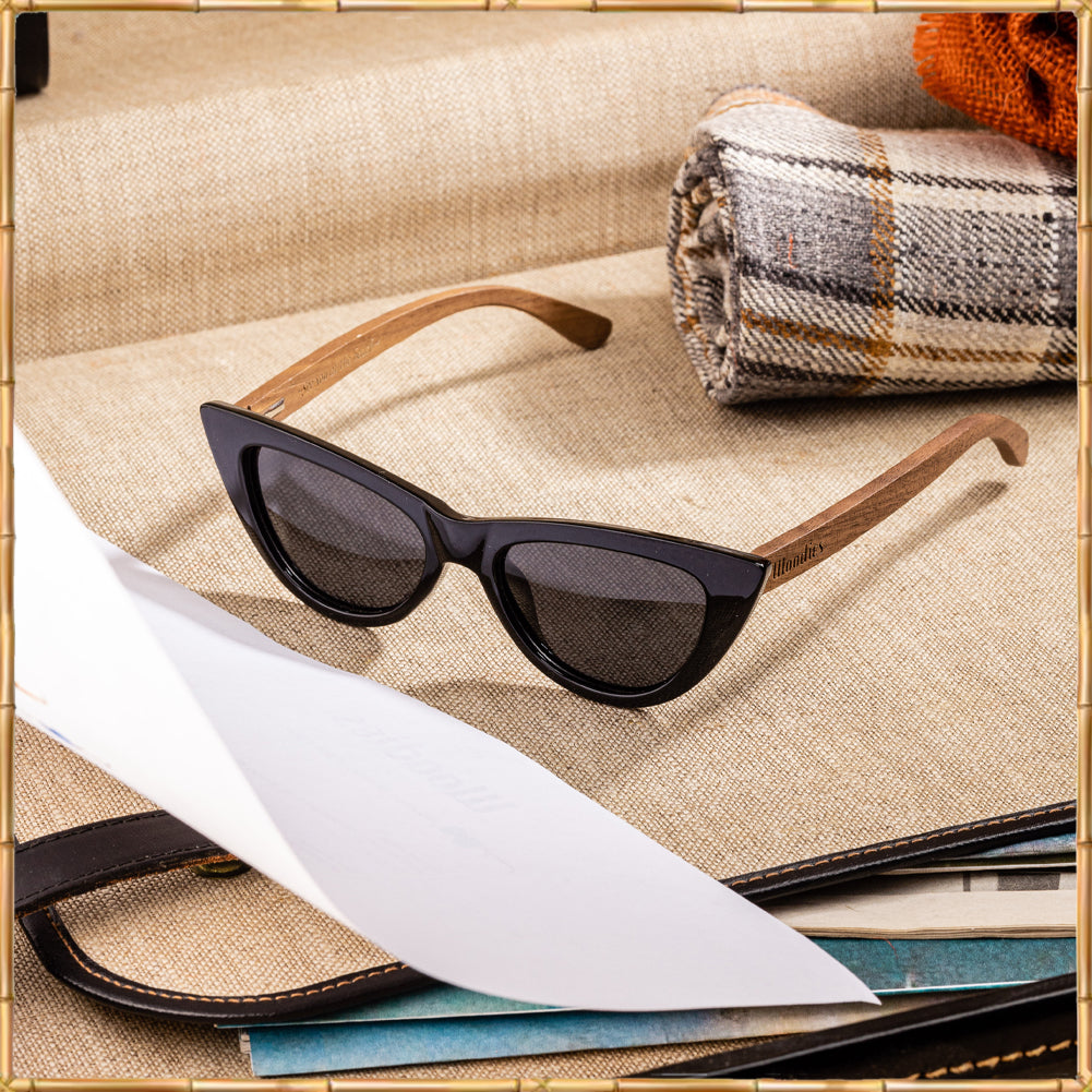 Cat Eye Sunglasses Polarized Lenses Made from Real Walnut Wood (Black)