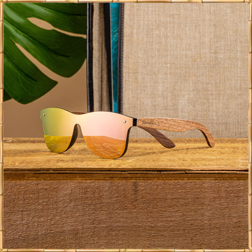 WOODIES Walnut Wood Sunglasses with Flat Mirror Polarized Pink Lens