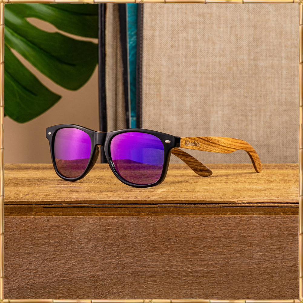 Zebra Wood Sunglasses with Purple Mirror Polarized Lens
