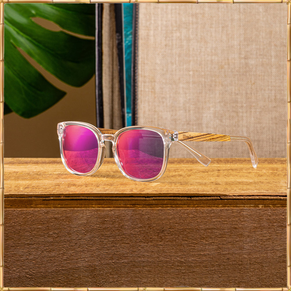 Clear Acetate Sunglasses with Polarized Red Lens in Wood Display Box