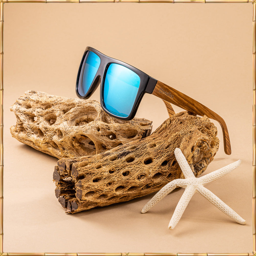 Zebra Wood Wrap Sunglasses with Polarized Ice Blue Lenses