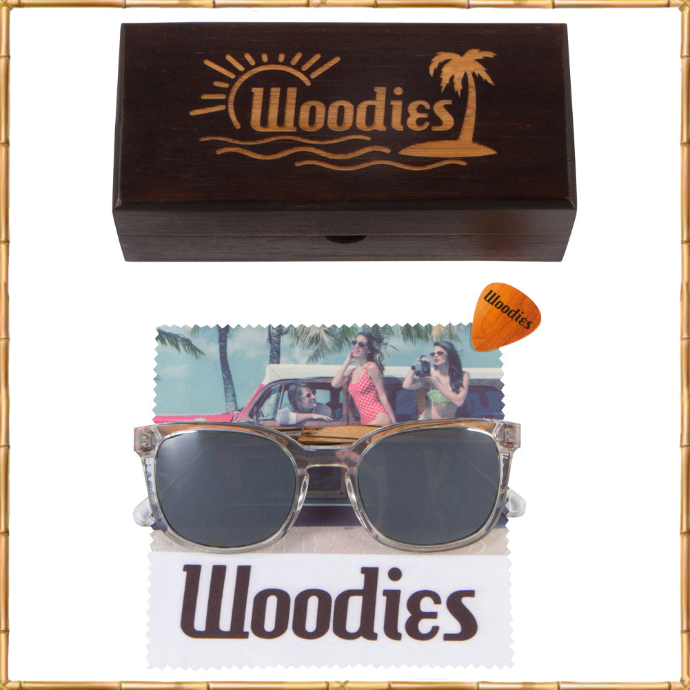 Clear Acetate Sunglasses with Polarized Silver Lens in Wood Display Box