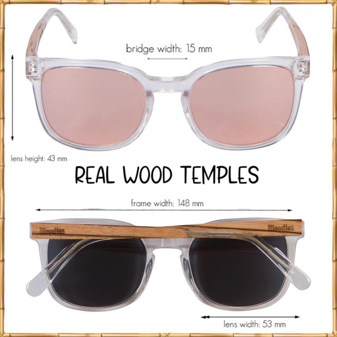 Clear Acetate Sunglasses with Polarized Pink Lens in Wood Display Box