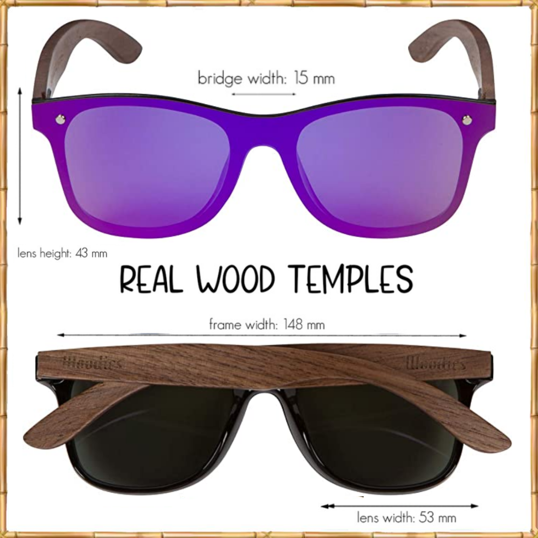 Walnut Wood Sunglasses with Flat Mirror Polarized Purple Lens