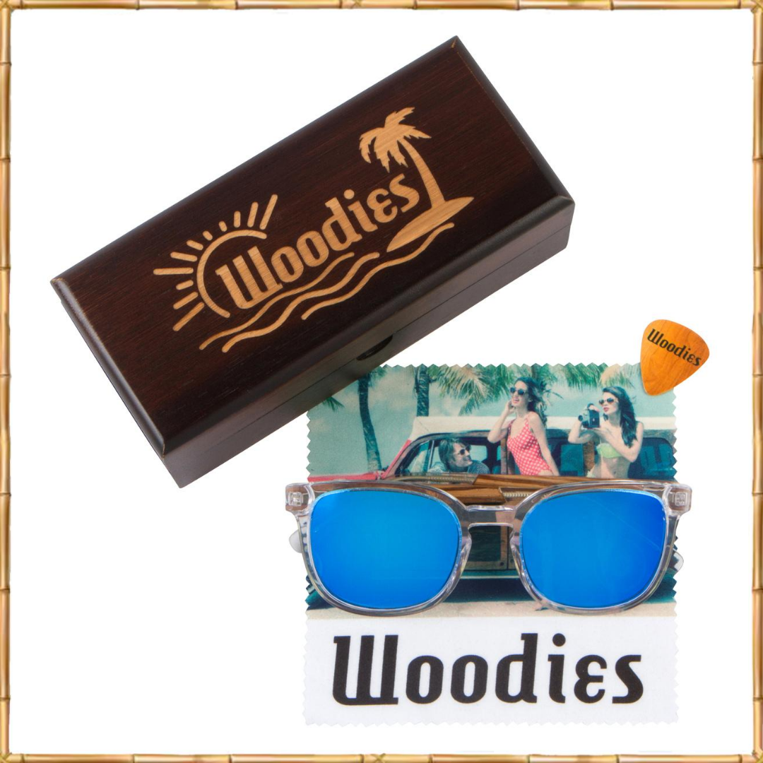 Clear Acetate Sunglasses with Polarized Royal Blue Lens in Wood Display Box