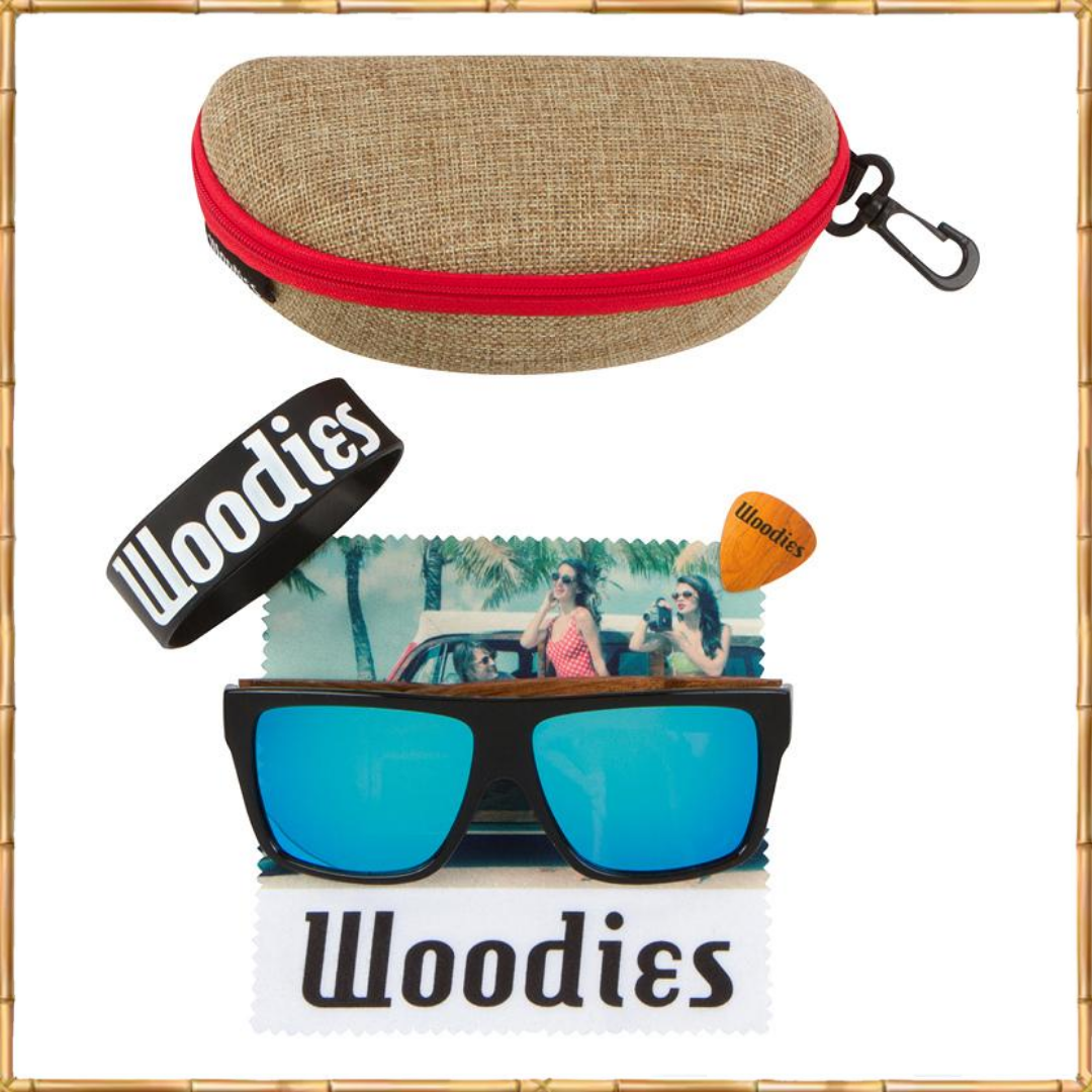 Zebra Wood Wrap Sunglasses with Polarized Ice Blue Lenses