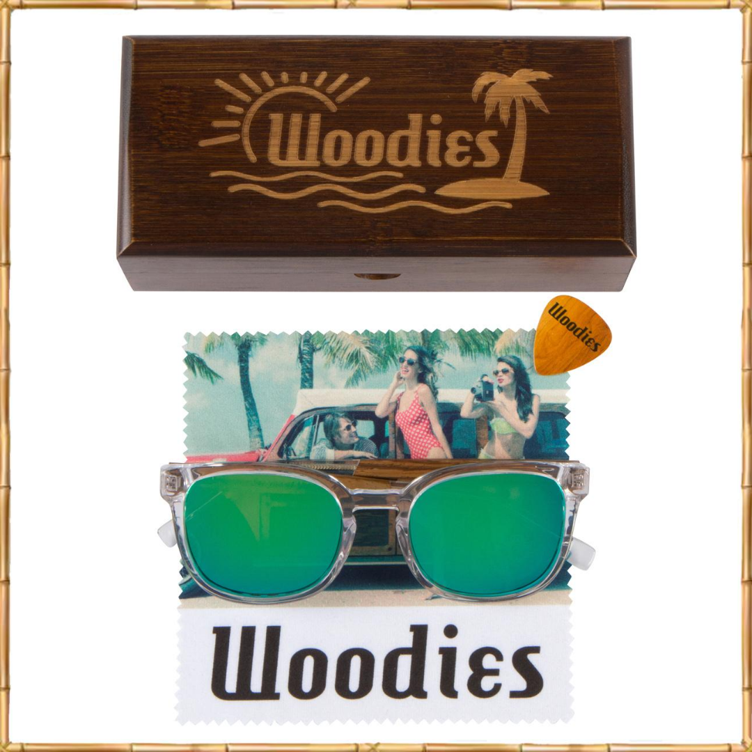 Clear Acetate Sunglasses with Polarized Green Lens in Wood Display Box